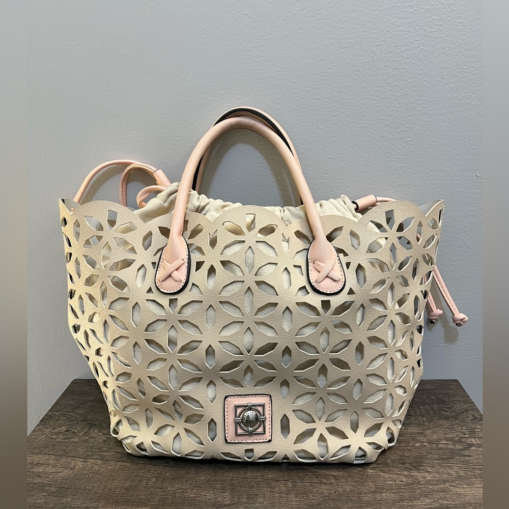 Catherine Malandrino Cream and Pink Cut-Out Tote with interior removable pouch